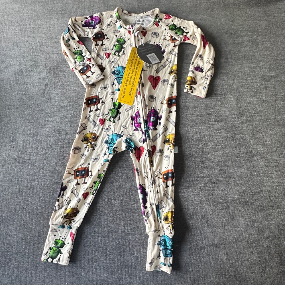 Suttons Buttons size 6-12 months Bamboo Colorful Robot Print One Piece Zippy